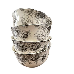 222 FIFTH Fine Porcelain Dashney Floral Salad Bowls 6in Gray White Set of 4 NEW